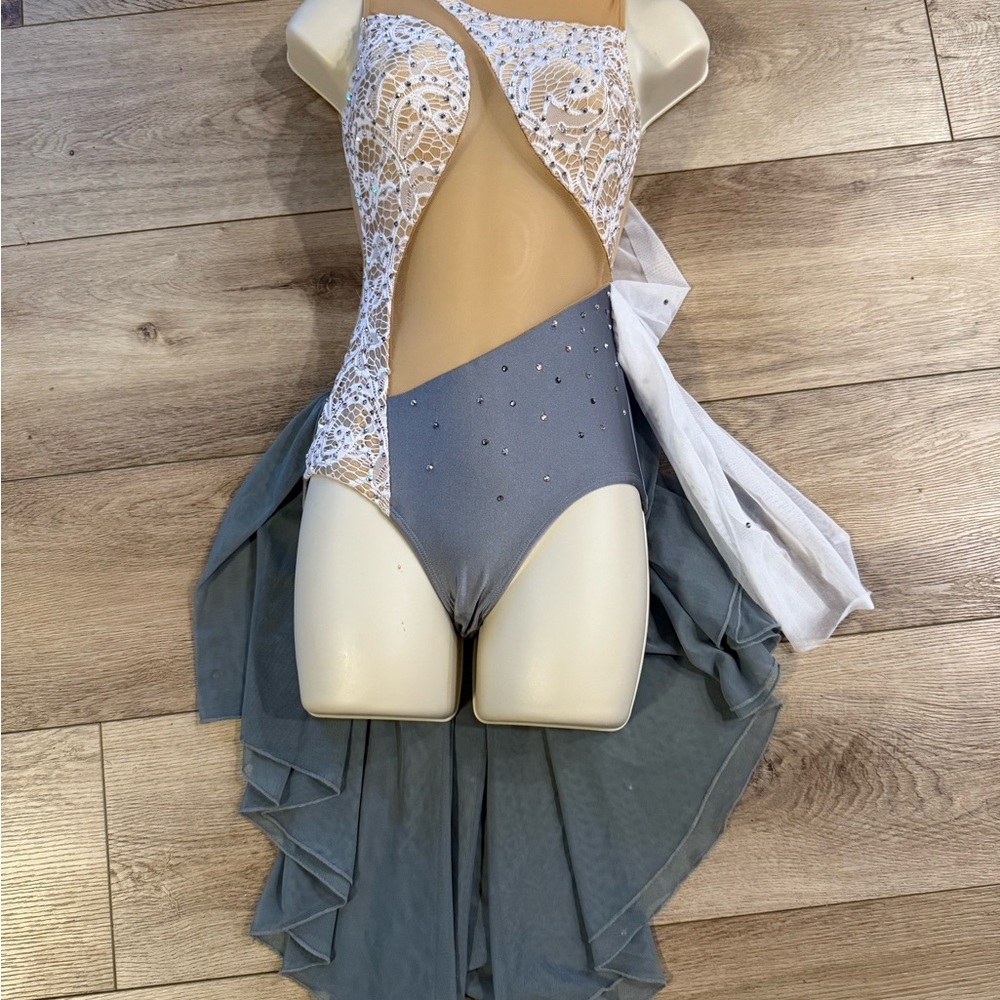 Lace and Mesh Dance Leotard in White and Gray. Beautiful Lyrical dance costume